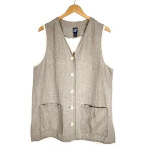GAP Beige Linen Vest Button Up Pockets Cream Cotton Back Size M